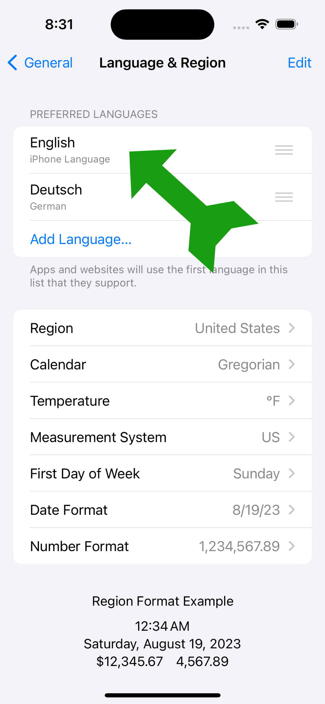 iOS: Einstellungen -> Allgemein -> Sprachen & Regionen