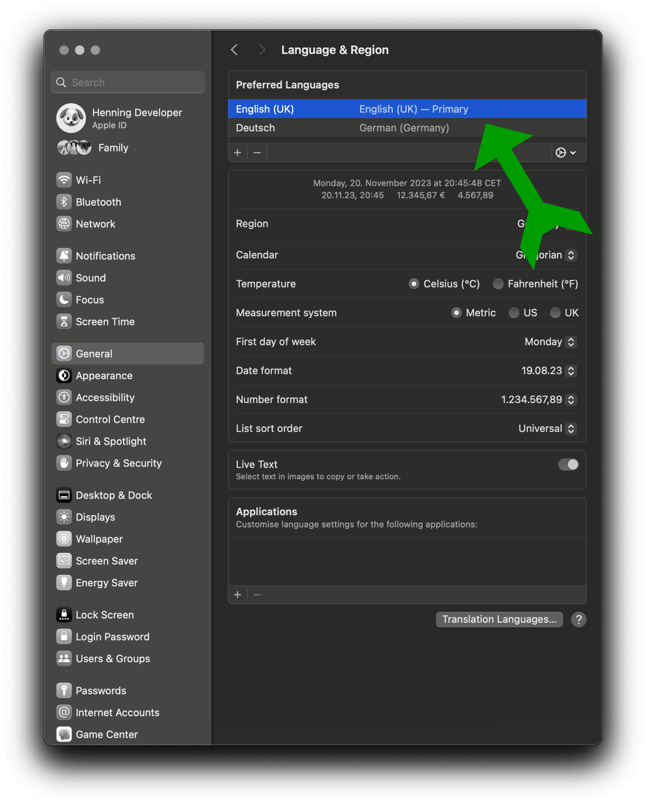iOS: Einstellungen -> Allgemein -> Sprachen & Regionen